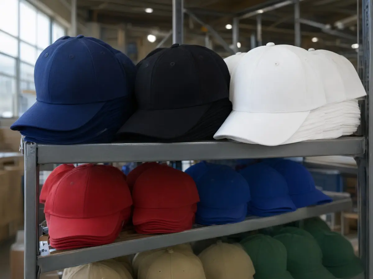 Prateleiras com pilhas de bonés lisos em várias cores, prontos para personalizar