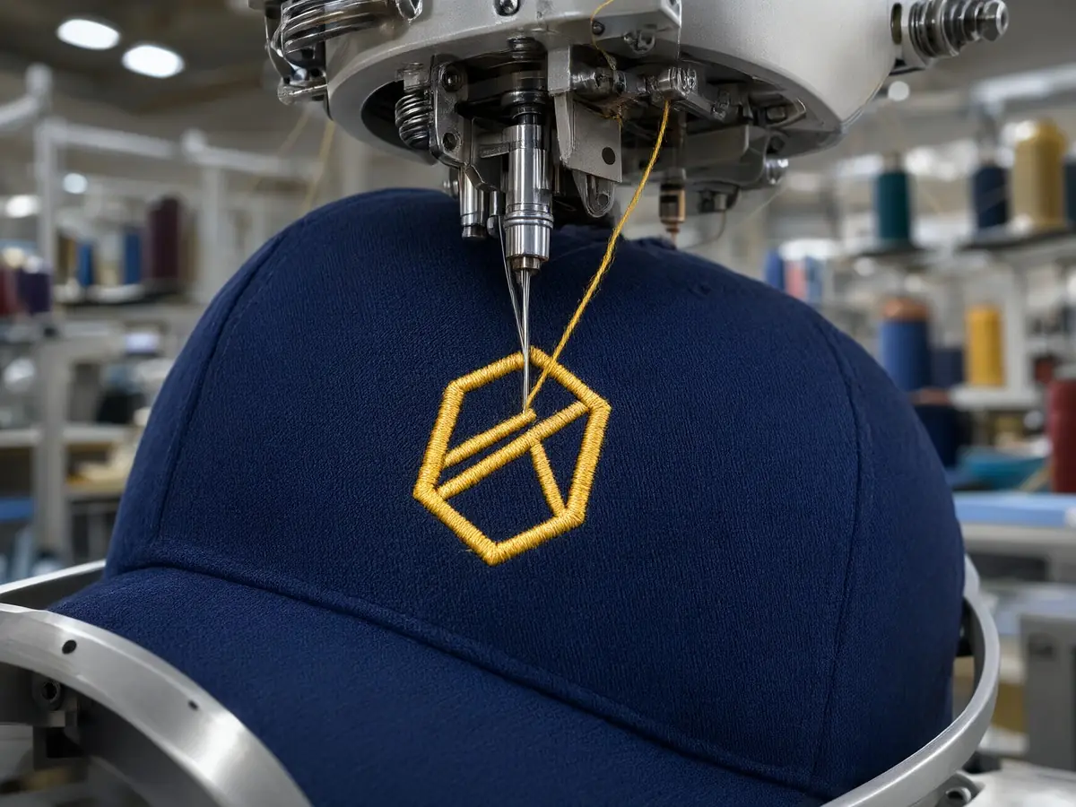 Bordadeira aplicando um emblema dourado na frente de um boné azul-marinho preso no bastidor